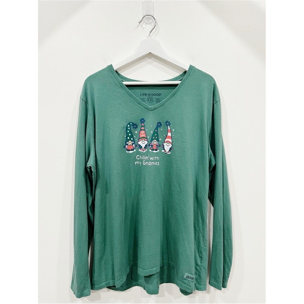 Life Is Good Chillin' With My Gnomies Long Sleeve Crusher Vee Tee XXL Green
